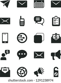 Solid Black Vector Icon Set - envelope vector, received letter, speech, smartphone, survey, megaphone, copy, loudspeaker, wall calendar, mobile phone, network, mail, dialog, paper plane, money