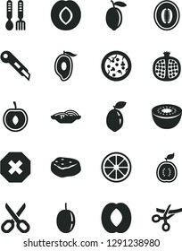 Solid Black Vector Icon Set - scissors vector, mark of injury, iron fork spoons, stationery knife, pizza, slices onion, piece meat, half pomegranate, plum, mango, peach, melon, cherry, passion fruit