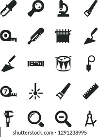 Solid Black Vector Icon Set - yardstick vector, zoom out, mercury thermometer, drum, trowel, building, hand saw, arm, measuring tape, long meashuring, level, plummet, magnifier, cloth industry