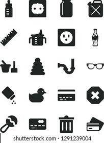 Solid Black Vector Icon Set - bin vector, mark of injury, yardstick, bank card, measuring cup for feeding, bottle, baby powder, beanbag, duckling, stacking rings, toy sand set, sewerage, soda, jar