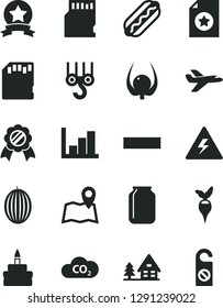 Solid Black Vector Icon Set - danger of electricity vector, minus, negative histogram, winch hook, Hot Dog, birthday cake, melon, physalis, radish, CO2, jar, sd card, medal, star ribbon, certificate
