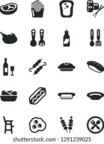 Solid Black Vector Icon Set - a chair for feeding child vector, plastic fork spoons, iron, fried vegetables on sticks, Hot Dog, mini, pie, lettuce in plate, chicken, bacon, meat skewers, sushi set