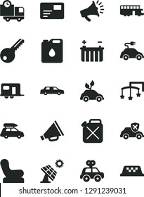 Solid Black Vector Icon Set - horn vector, toys over the cot, Baby chair, motor vehicle present, key, pass card, delivery, big solar panel, battery, canister, of oil, electric car, autopilot, camper