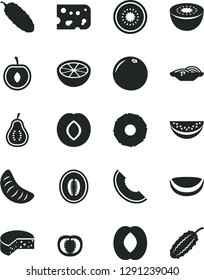 Solid Black Vector Icon Set - piece of cheese vector, slices onion, cucumber, plum, slice melon, half peach, water, tangerine, cherry, kiwi, coconut, pineapple, grapefruit, part guava, tomato