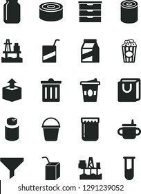 Solid Black Vector Icon Set - bin vector, storage unit, mug for feeding, powder, e, packing of juice with a straw, bucket, bag handles, package, unpacking, canned goods, tin, cup popcorn, jam, jar