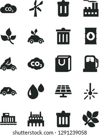 Solid Black Vector Icon Set - bin vector, dust, bag with handles, solar panel, leaves, gas station, wind energy, oil, hydroelectric, industrial building, factory, drop, eco car, electric, CO2, trash