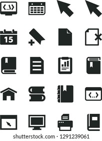 Solid Black Vector Icon Set - monitor window vector, add bookmark, clean sheet of paper, book, e, books, home, calendar, notebook, delete page, statistical report, wall, printer, browser, coding