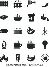 Solid Black Vector Icon Set - new radiator vector, boiler, coffee, sausage, noodles, hot porridge, chop, chili, cup of tea, coffe to go, red pepper, outdoor thermometer, steel production, cast iron