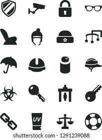 Solid Black Vector Icon Set - spectacles vector, scales, toys over the cot, powder, car child seat, winter hat, warm, construction helmet, lock, key, umbrella, glasses, biohazard, security gate
