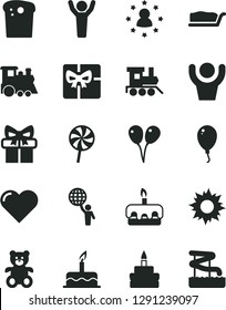 Solid Black Vector Icon Set - teddy bear vector, baby toy train, children's, colored air balloons, balloon, cake, heart, Easter, slice, torte, birthday, lollipop, gift, giftbox, man hold world, sun