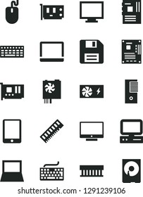 Solid Black Vector Icon Set - floppy disk vector, monitor, keyboard, screen, computer, tablet pc, notebook, radiator fan, mouse, power supply, tower, motherboard, memory, card, hdd