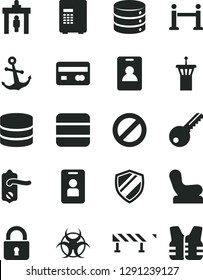 Solid Black Vector Icon Set - prohibition vector, Baby chair, key, door knob, road fence, lock, anchor, big data, reverse side of a bank card, biohazard, airport tower, rope barrier, identity, safe