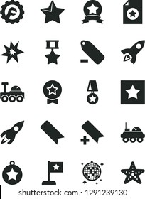 Solid Black Vector Icon Set - add bookmark vector, remove label, star gear, rocket, lunar rover, bang, medal, flag, hero, ribbon, certificate, disco ball, starfish