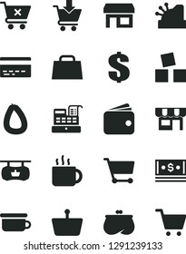 Solid Black Vector Icon Set - bank card vector, dollar, children's potty, cubes for children, put in cart, crossed, kiosk, stick of sausage, cup tea, stall, shopping basket, wallet, purse, cash