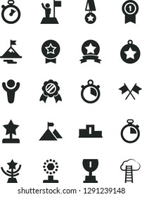 Solid Black Vector Icon Set - stopwatch vector, winner, pedestal, award, cup, star, reward, medal, man with flag, motivation, mountain, pennant, ribbon, cross flags, cloud ladder