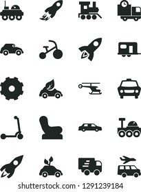 Solid Black Vector Icon Set - truck lorry vector, Baby chair, toy train, tricycle, child Kick scooter, car, delivery, eco, environmentally friendly transport, retro, rocket, space, Express, camper