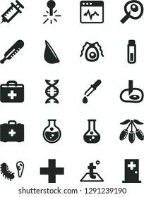 Solid Black Vector Icon Set - first aid kit vector, plus, mercury thermometer, medical bag, temperature, cardiogram, garlic, goji berry, round flask, test tube, dna, bactery, pipette, syringe, room