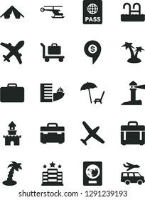 Solid Black Vector Icon Set - suitcase vector, case, passport, coastal lighthouse, sand castle, helicopter, dollar pin, plane, hotel, tent, arnchair under umbrella, palm tree, pool, baggage