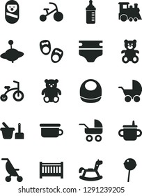 Solid Black Vector Icon Set - baby cot vector, mug for feeding, measuring bottle, diaper, bib, stroller, carriage, summer, roly poly doll, toy sand set, children's potty, teddy bear, small, train