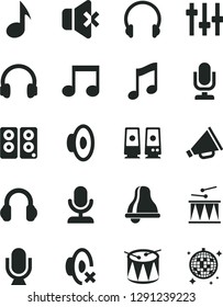 Solid Black Vector Icon Set - bell vector, desktop microphone, horn, loudspeaker, silent mode, drumroll, drum, headphones, music, no sound, pc speaker, note, settings, disco ball