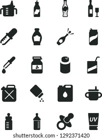 Solid Black Vector Icon Set - dummy vector, mug for feeding, measuring cup, bottle, powder, baby, e, soda can, of, jar jam, liquor, canister, oil, pipette, wine, champagne, uv cream