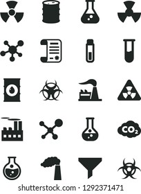 Solid Black Vector Icon Set - round flask vector, manufacture, factory, oil, barrel, industrial building, radiation, carbon dyoxide, filter, research article, test tube, molecule, nuclear, biohazard