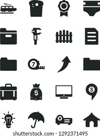 Solid Black Vector Icon Set - folder vector, diaper, long meashuring tape, hedge, case, umbrella, screen, Easter cake, caliper, dollars, bulb, projector, file, medal, arrow up, dollar pin, train