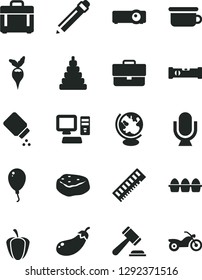 Solid Black Vector Icon Set - briefcase vector, graphite pencil, hammer of a judge, baby powder, stacking toy, children's potty, balloon, construction level, microphone, case, bundle eggs, eggplant