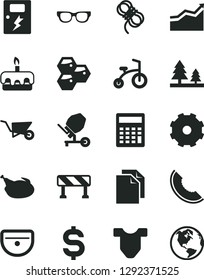 Solid Black Vector Icon Set - truck lorry vector, clean paper, calculator, Child T shirt, bicycle, building trolley, concrete mixer, sink, hawser, dangers, traffic signal, torte, chicken, honeycombs
