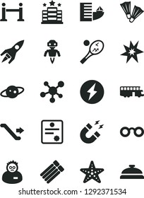 Solid Black Vector Icon Set - molecule vector, glasses, magnet, scientist, robot, saturn, rocket, patente, bang, electricity, bus, escalator, rope barrier, hotel, starfish, flippers, tennis