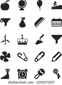 Solid Black Vector Icon Set - alarm clock vector, beanbag, safety pin, open, comb, balloon, trowel, globe, torte, pear, ripe peach, fan screw, windmill, filter, water, pencil, calendar, winner