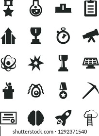 Solid Black Vector Icon Set - flask vector, telescope, atom, brain, bactery, clipboard, sun panel, stopwatch, patente, bang, pedestal, award, gold cup, growth arrows, star medal, hero, mine axe