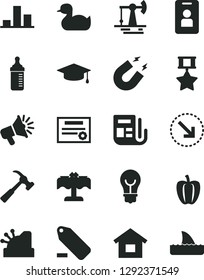 Solid Black Vector Icon Set - remove label vector, measuring bottle for feeding, rubber duck, dwelling, hammer with claw, bulb, right bottom arrow, Bell pepper, working oil derrick, chart, cashbox