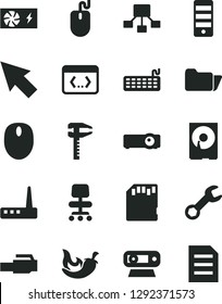 Solid Black Vector Icon Set - chili vector, calipers, hierarchical scheme, mouse, keyboard, pc power supply, tower, web camera, hdd, router, folder, coding, lan connector, projector, chair, sd card