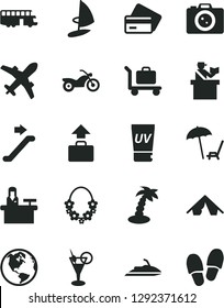 Solid Black Vector Icon Set - earth vector, bus, motorcycle, escalator, passort control, plane, baggage, credit card, tent, arnchair under umbrella, uv cream, palm tree, hawaii wreath, cocktail