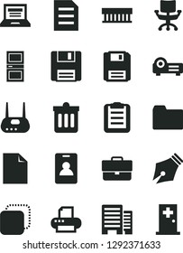 Solid Black Vector Icon Set - laptop vector, briefcase, clean sheet of paper, folder, interroom door, buildings, dust bin, copy, radiator fan, router, printer, floppy, projector, chair, file