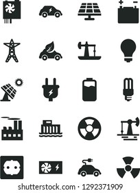 Solid Black Vector Icon Set - matte light bulb vector, power socket type f, charge level, solar panel, big, oil derrick, working, accumulator, hydroelectric station, line, plug, industrial building