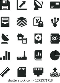 Solid Black Vector Icon Set - floppy disk vector, pie chart, growth, archive, estimate, pile, address book, pass card, satellite dish, antenna, bar, on statistics, encrypting, memory, hdd, usb, sd