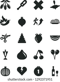 Solid Black Vector Icon Set - cross vector, electronic thermometer e, stacking toy, small yule, colored air balloons, broken heart, onion, cherry, half pomegranate, strawberry, fig, medlar, pennant