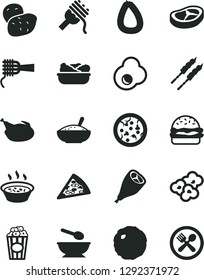 Solid Black Vector Icon Set - deep plate with a spoon vector, stick of sausage, pizza, piece, burger, spaghetti, noodles, bowl rice porridge, in saucepan, lettuce, chicken, grill leg, bacon, cabbage