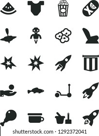 Solid Black Vector Icon Set - Child T shirt vector, car seat, tumbler, toy sand set, children's potty, small yule, Kick scooter, chicken leg, popcorn, cup of, fish, slice water melon, rocket, robot