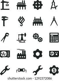 Solid Black Vector Icon Set - hook vector, gears, cogwheel, adjustable wrench, working oil derrick, industrial building, factory, enterprise, gear, Construction crane, steel repair key, calipers