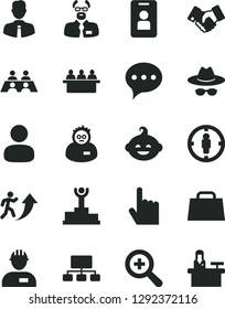 Solid Black Vector Icon Set - zoom vector, hat with glasses, funny hairdo, workman, employee, index finger, speech, court hearing, man, goal woman, scheme, handclasp, hand bag, conversation