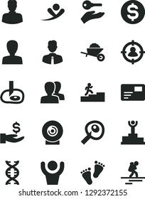 Solid Black Vector Icon Set - woman vector, women, footprints, garden trolley, employee, pass card, lens, man in sight, dollar, get a wage, dna, artifical insimination, winner podium, arm with key