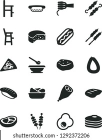 Solid Black Vector Icon Set - plates and spoons vector, a chair for feeding, child, stick of sausage, cheese, fried vegetables on sticks, piece pizza, Hot Dog, mini, noodles, lettuce in plate, bacon