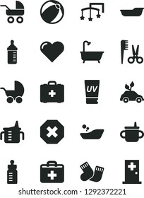 Solid Black Vector Icon Set - mark of injury vector, first aid kit, toys over the cot, mug for feeding, measuring cup, bottle, baby stroller, carriage, bath ball, children's bathroom, warm socks