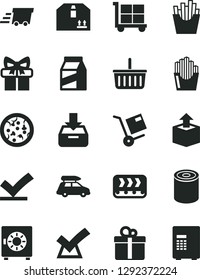 Solid Black Vector Icon Set - cargo trolley vector, grocery basket, put in a box, strongbox, cardboard, gift, package, shipment, unpacking, tin, pizza, French fries, fried potato slices, conveyor