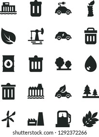 Solid Black Vector Icon Set - bin vector, dust, drop, apple stub, working oil derrick, leaf, gas station, wind energy, hydroelectric, hydroelectricity, trees, forest, thermal power plant, eco car