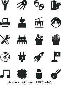 Solid Black Vector Icon Set - camera roll vector, powder, drumroll, shoes for little children, small tools, glazed cake with a hole, French fries, plug, industrial factory, builder, rocket, cpu, key