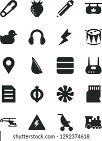 Solid Black Vector Icon Set - danger of electricity vector, graphite pencil, summer stroller, safety pin, baby duckling, drum, lightning, garlic, strawberry, half medlar, location, fan, router, file